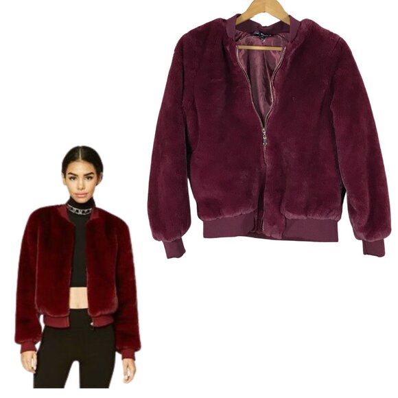 Faux Fur Burgundy Bomber Jacket Size SMALL - Picture 1 of 7